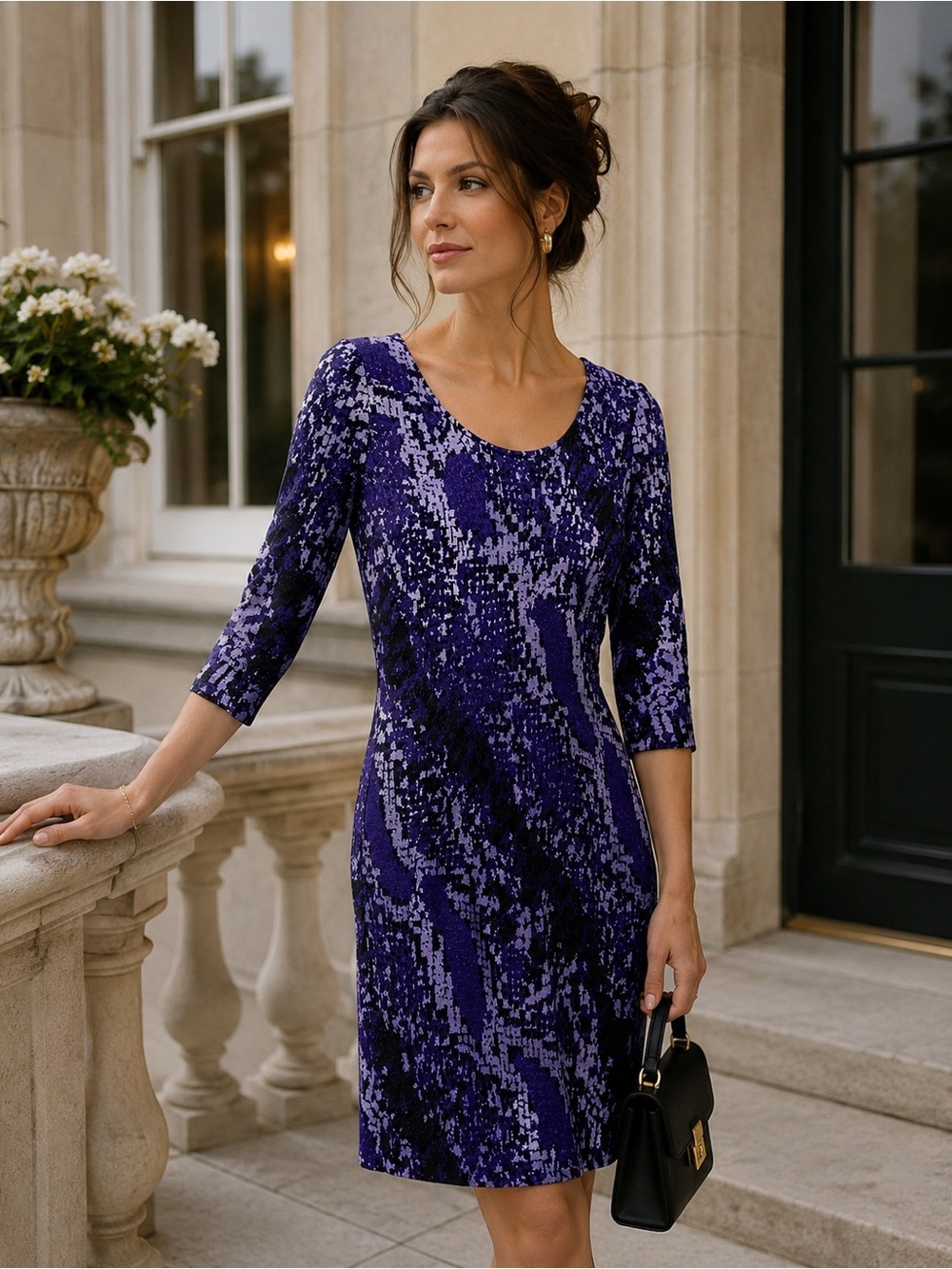 ST JOHN Collection purple and black abstract print knit fabric. dress size 6